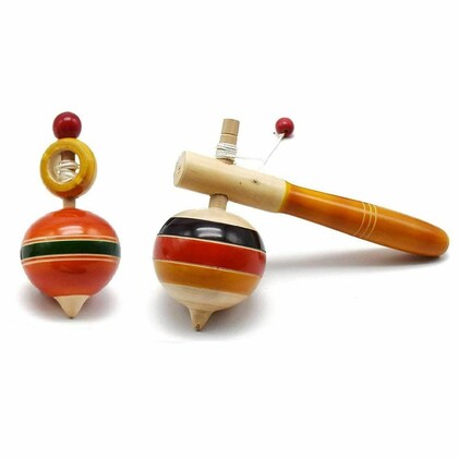 Wooden Desi Spinning Toy, Lattu, Buguri, Toy for Kids, Flat and Long Spinner - Pack of 2