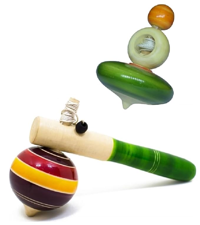 Wooden Desi Spinning Toy, Lattu, Buguri, Toy for Kids, Flat and Long Spinner - Pack of 2