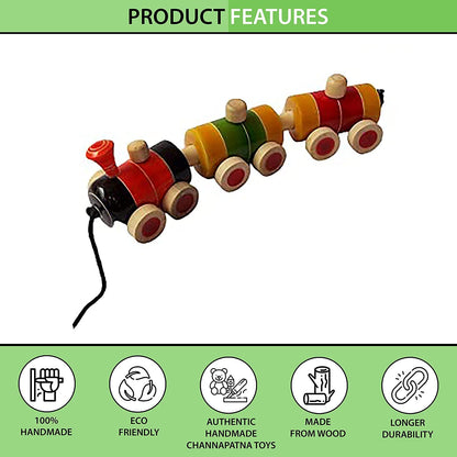 Channapatna Toys Wooden Train for 12 Months & Above Kids, Toddlers, Infant & Preschool Toys - Multicolor - with Attached String- Encourage Walking