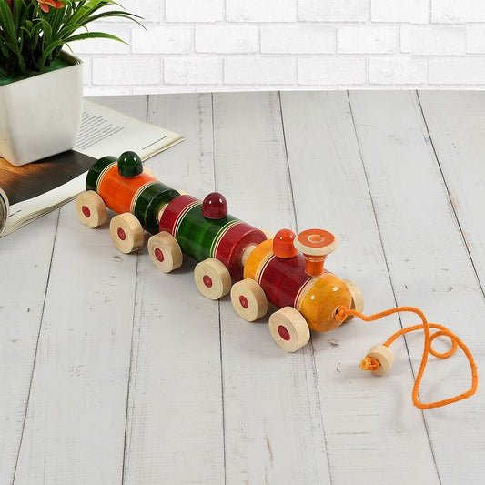 Channapatna Toys Wooden Train for 12 Months & Above Kids, Toddlers, Infant & Preschool Toys - Multicolor - with Attached String- Encourage Walking