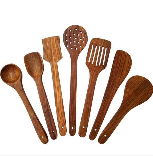 Wooden Cooking Utensils Set 7 Pcs – Natural Wood Spatula, Spoon, Ladle, Turner & Skimmer – Heat Resistant, Nonstick Safe Kitchen Tools – Eco-Friendly & Durable