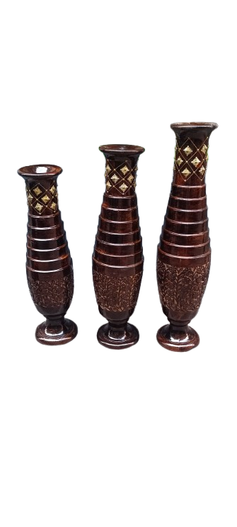 Wooden Flower Pot/Vase Stand with Brass Work Set of 3