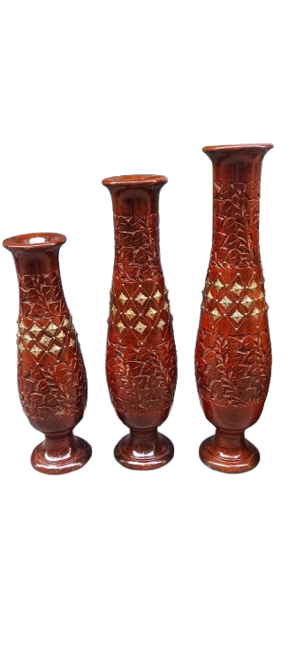 Wooden Flower Pot/Vase Stand with Brass Work Set of 3