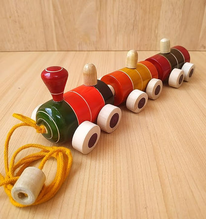 Channapatna Toys Wooden Train for 12 Months & Above Kids, Toddlers, Infant & Preschool Toys - Multicolor - with Attached String- Encourage Walking