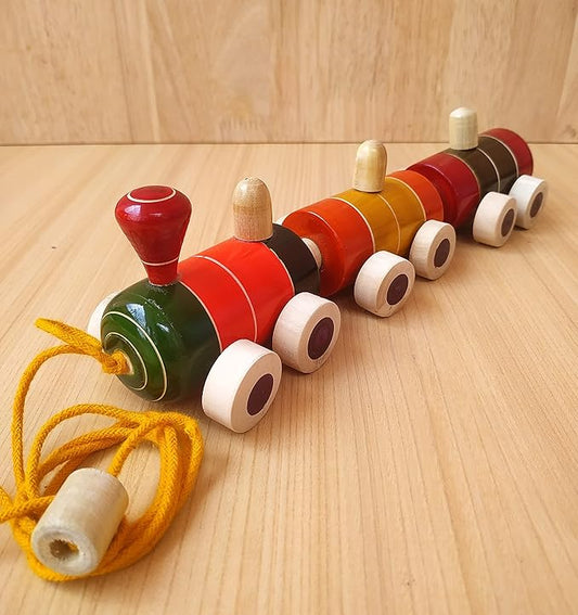 Channapatna Toys Wooden Train for 12 Months & Above Kids, Toddlers, Infant & Preschool Toys - Multicolor - with Attached String- Encourage Walking